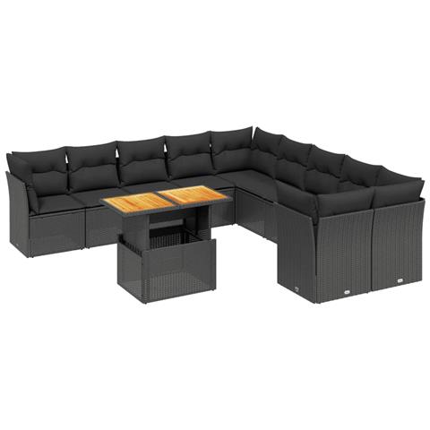 Set Divani da Giardino 11 pz con Cuscini in Polyrattan Nero - Foto 1
