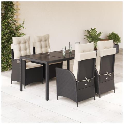 Set da Pranzo da Giardino 5 pz Nero con Cuscini in Polyrattan - Foto 2