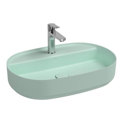 Lavabo Ovale Da Appoggio Senza Troppo Pieno In Ceramica Con Foro Rubinetto - Menta Opaco - Foto 1