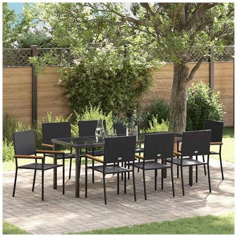 Set da Pranzo per Giardino con cuscino 9 pcs Nero polyrattan - Foto 2