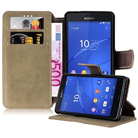 Custodia Compatibile Con Sony Xperia Z3 Compact In Opaco Marrone Sabbia - Coperchio Protettivo Con Funzione Stand E Tasca Per Le Carte Di Credito Con Design Retrò - Foto 1