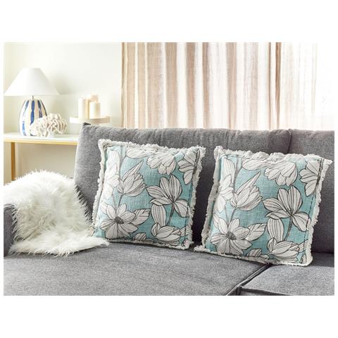 Set Di 2 Cuscini Cyanotis Cotone 45 X 45 Cm Azzurro Trama Floreale - Foto 1