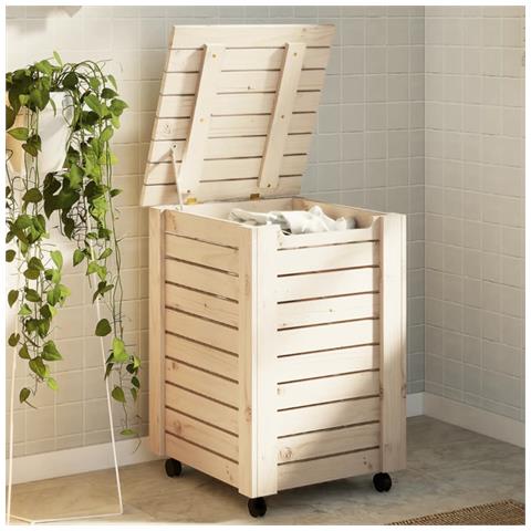 Cesta Biancheria Con Ruote Rana 45x45x64 Cm Legno Massello Pino - Foto 1