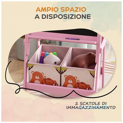 Cavalletto Artistico per Bambini 3-8 Anni con Lavagna a 2 Lati e 2 Cestini Contenitori, in Legno, 53.5x49x113 cm, Rosa - Foto 2