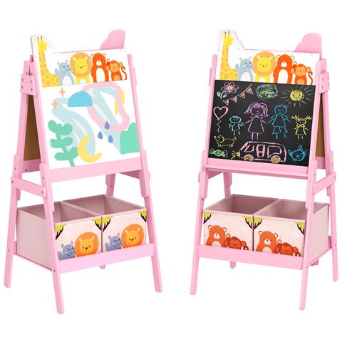 Cavalletto Artistico per Bambini 3-8 Anni con Lavagna a 2 Lati e 2 Cestini Contenitori, in Legno, 53.5x49x113 cm, Rosa - Foto 1