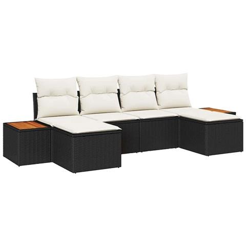 Set di Divani da Giardino 6 Pezzi con Cuscini Nero Polyrattan Acacia - Foto 1