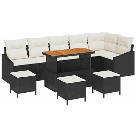 Set di Divani da Giardino da 10 Pezzi con Cuscini Rattan Nero Acacia, Divano da Giardino a 2 Posti con Spazio di Archiviazione e Cuscini Rattan Nero, Set da Pranzo da Giardino da 4 Pezzi con Cuscini Rattan Nero Acacia - Foto 1