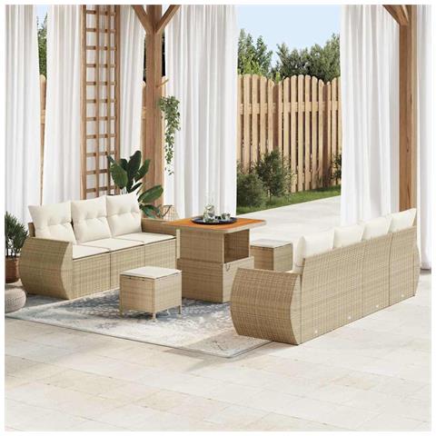 Set di Divano da Giardino da 10 pezzi con Cuscini Beige in Polyrattan,  Set da Pranzo da Giardino da 3 pezzi con Cuscini Beige in Polyrattan - Foto 2