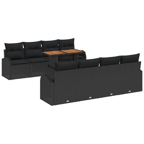 Set Pranzo Giardino 9 Pezzi con Cuscini Nero Polyrattan Acacia - Foto 1