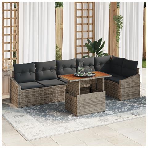 Set di divani da giardino a 7 pezzi con cuscini Grigio Polyrattan - Foto 2