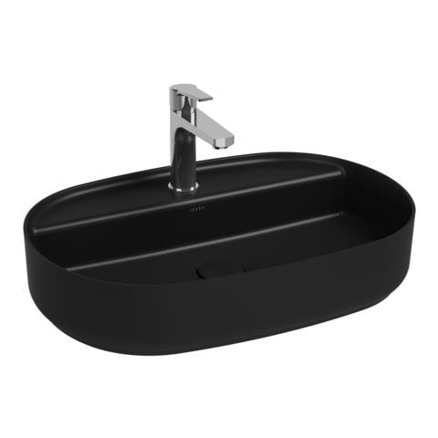 Lavabo Ovale Da Appoggio Senza Troppo Pieno In Ceramica Con Foro Rubinetto - Nero Opaco - Foto 1
