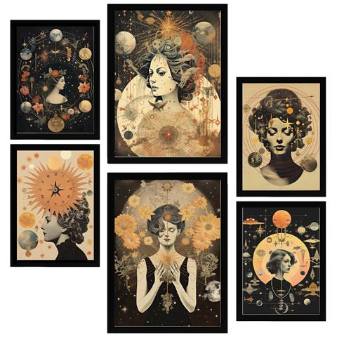 Set Di 6 Stampe Pittura Decorativa Surreale Collage In Femminile E Mistico Esoterico Incorniciato Con Illustrazioni A3 & A4 Cornice Nera - Foto 1