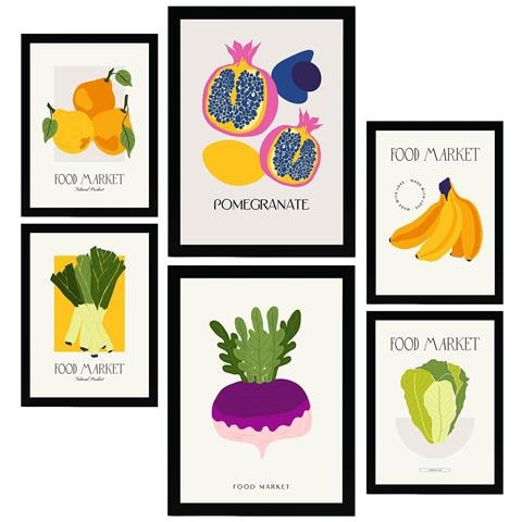 Set Di 6 Stampe Cibo E Nutrizione Frutta E Verdura Natura E Stampe Botaniche Per L'interior Design A3 & A4 Cornice Nera - Foto 1