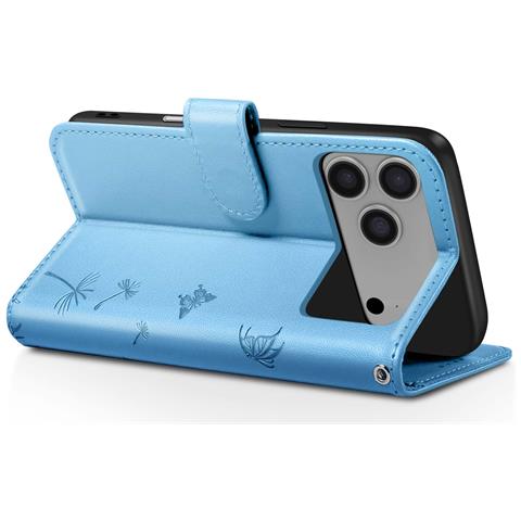 Custodia A Portafoglio Per Iphone 17 Pro Max Premium Design Fiori Farfalla, Blu Chiaro - Foto 2