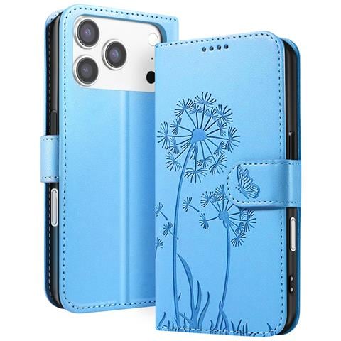 Custodia A Portafoglio Per Iphone 17 Pro Max Premium Design Fiori Farfalla, Blu Chiaro - Foto 5