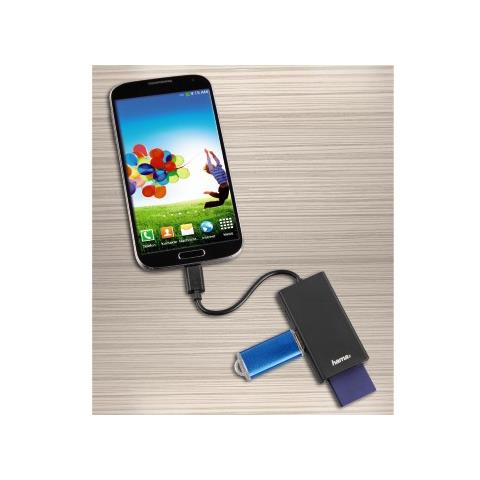 Lettore schede e Hub USB 2 porte con cavo integrato, OTG "On The Go" per smartphone e tablet, adattatore micro USB F / USB A M, nero, blister - Foto 2