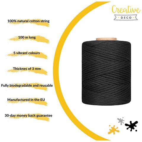 100m Macrame Corda Nero | Filo Cotone Uncinetto | 2- 3 Mm (+-0.5mm) | 15 Strati | Grande Spago Da Cucina Rotolo Spessi Naturali Forte | Decorazione Casa Artigianato Artistico Foto - Foto 5