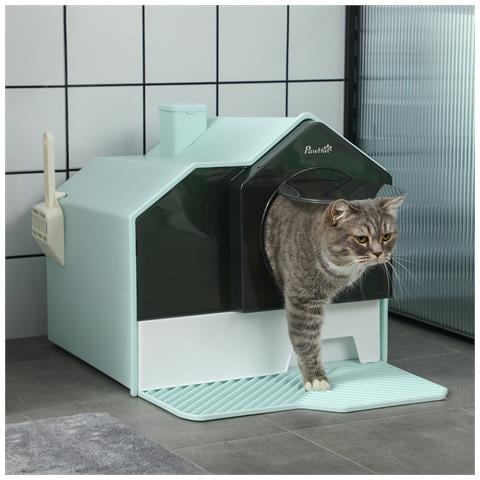 Lettiera Per Gatti Chiusa Con Vassoio Estraibile, Tappetino E Paletta, 47x45x42cm, Azzurro - Foto 6