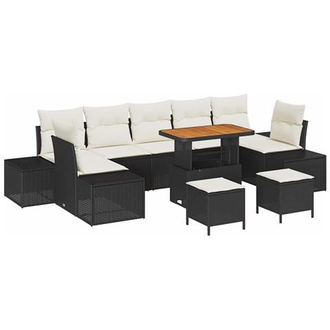 Set di divani da giardino da 10 pezzi con cuscini Rattan nero e acacia,  Divano da giardino per due persone con cuscini Rattan nero,  Set di pranzo da giardino da 3 pezzi con cuscini Rattan nero e acacia - Foto 1