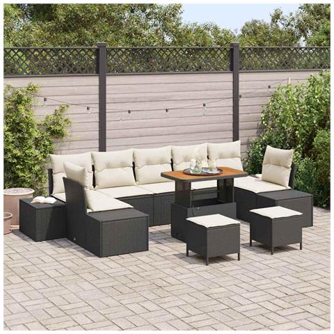 Set di divani da giardino da 10 pezzi con cuscini Rattan nero e acacia,  Divano da giardino per due persone con cuscini Rattan nero,  Set di pranzo da giardino da 3 pezzi con cuscini Rattan nero e acacia - Foto 2