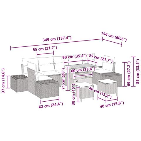 Set di divani da giardino da 10 pezzi con cuscini Rattan nero e acacia,  Divano da giardino per due persone con cuscini Rattan nero,  Set di pranzo da giardino da 3 pezzi con cuscini Rattan nero e acacia - Foto 9