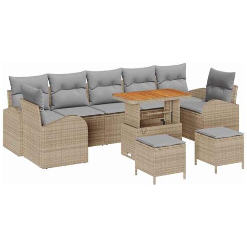 Set divano da giardino  10 pezzi con cuscini beige polyrattan acacia, Divano da giardino  2 posti con storage e cuscini beige polyrattan, Set da pranzo da giardino  3 pezzi con cuscini beige polyrattan acacia - Foto 1