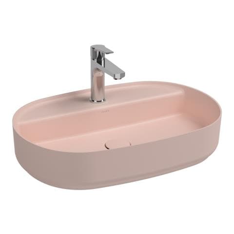 Lavabo Ovale Da Appoggio Senza Troppo Pieno In Ceramica Con Foro Rubinetto - Salmone Opaco - Foto 1