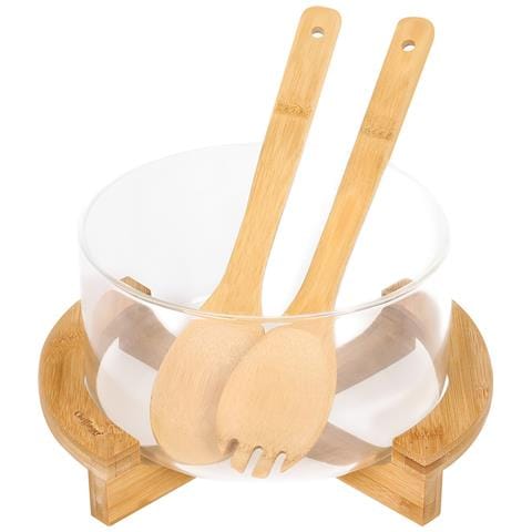 Insalatiera In Vetro Con Base In Bambù E Utensili Inclusi, Ultra Pratica, Trasparente - Foto 1