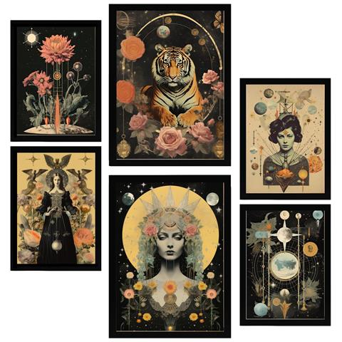 Set Di 6 Stampe Dipinto Decorativo Collage Surreale In Mistico Esoterico Nero Beige Incorniciato Con Illustrazioni A3 & A4 Cornice Nera - Foto 1