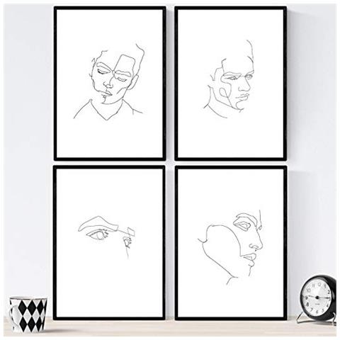 Set Di 4 Stampe Lamini Di Disegni E Schizzi A Una Linea Affronta L'uomo Poster Nordico Dei Volti Nudi Corpi Al Naturale Tavolo Senza Cornice A3 - Foto 1