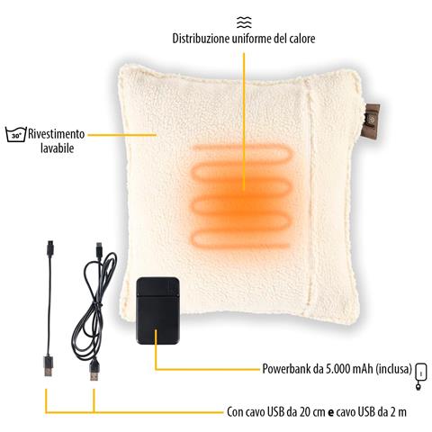Cuscino Riscaldante Senza Fili, 45x45 Cm, Powerbank 5.000 Mah, 3 Livelli Di Calore, 120 Min Di Autonomia, 10 Min Riscaldamento, Rivestimento Lavabile, Beige - Foto 2