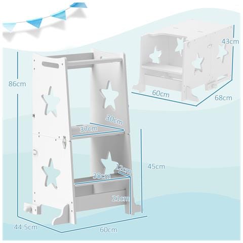 Scala Montessori Convertibile in Set Tavolo e Sedie con Barra di Sicurezza, in Legno, 60x44.5x86 cm, Bianco - Foto 2