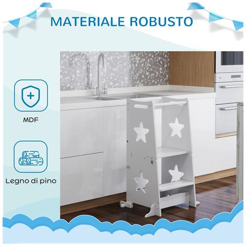 Scala Montessori Convertibile in Set Tavolo e Sedie con Barra di Sicurezza, in Legno, 60x44.5x86 cm, Bianco - Foto 6