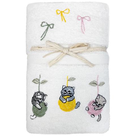 Set Asciugamano Copiola Salvietta Bagno Spugna 100% Cotone Gatto Gomitolo Copiola Bianco - Foto 1