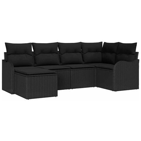 Set di Divani da Giardino 6 Pezzi con Cuscini Nero Polyrattan,  Divano da Giardino a 2 Posti con Cuscini Nero Polyrattan - Foto 1