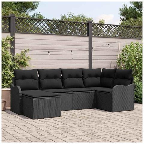 Set di Divani da Giardino 6 Pezzi con Cuscini Nero Polyrattan,  Divano da Giardino a 2 Posti con Cuscini Nero Polyrattan - Foto 2