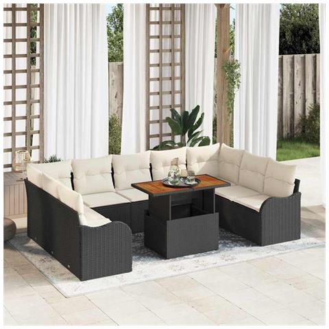 Set di divani da giardino da 10 pezzi con cuscini Rattan poli nero Acacia, Divano da giardino da 2 posti con cuscini Rattan poli nero - Foto 2