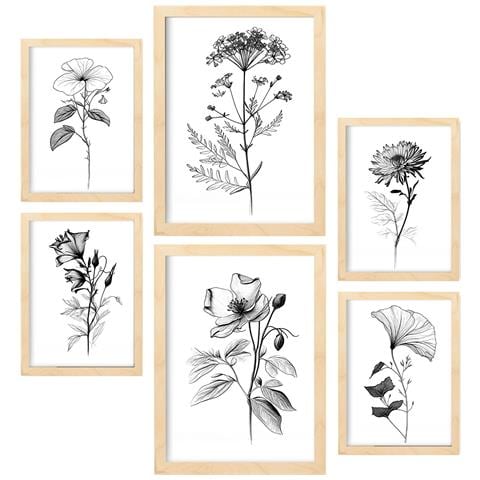 Set Di 6 Stampe Stampe Naturalistiche E Botaniche Di Blooming Flowers Con Motivi Floreali Nei Classici Colori Bianco E Nero A3 & A4 Telaio In Legno Chiaro - Foto 1