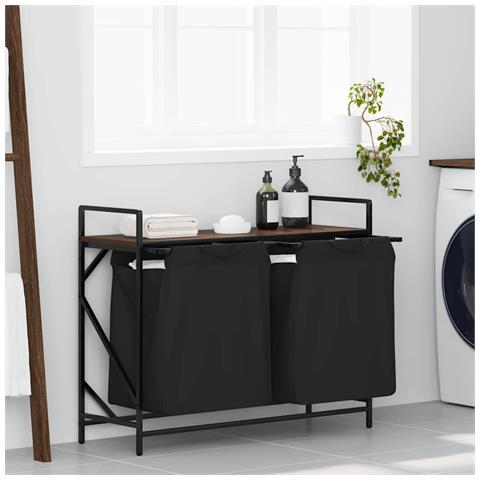 Cesto della Biancheria 2 Scomparti con Ripiano Rovere Marrone - Foto 2