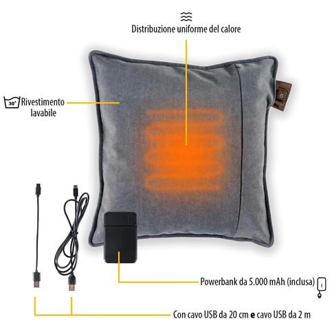 Cuscino Riscaldante Senza Fili, 45x45 Cm, Powerbank 5.000 Mah, 3 Livelli Di Calore, 120 Min Di Autonomia, 10 Min Riscaldamento, Rivestimento Lavabile, Grigio - Foto 6