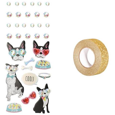 33 Adesivi In 3d Cane Con Gli Occhiali + Washi Tape Dorato 5 M - Foto 2
