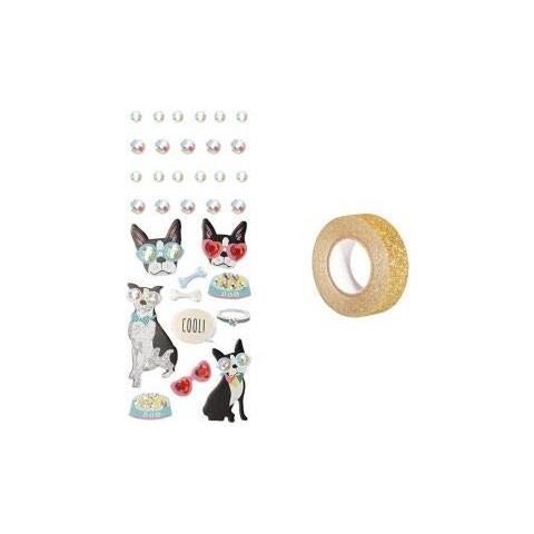 33 Adesivi In 3d Cane Con Gli Occhiali + Washi Tape Dorato 5 M - Foto 1