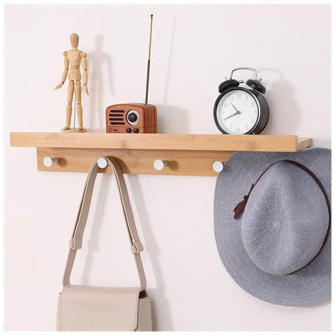 Appendiabiti Attaccapanni Parete Legno Bambu 5 Ganci Appendi Abiti Con Mensola - Foto 1