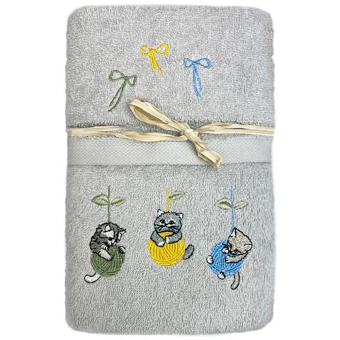 Set Asciugamano Copiola Salvietta Bagno Spugna 100% Cotone Gatto Gomitolo Copiola Grigio - Foto 1