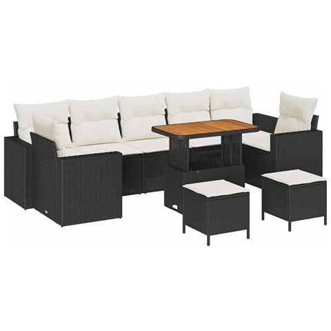 Set di Divani da Giardino da 10 Pezzi con Cuscini Vimini Nero Acacia,  Set da Pranzo da Giardino da 3 Pezzi con Cuscini Vimini Nero Acacia - Foto 1