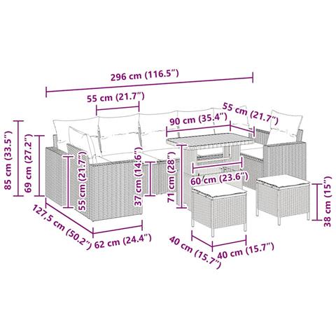 Set di Divani da Giardino da 10 Pezzi con Cuscini Vimini Nero Acacia,  Set da Pranzo da Giardino da 3 Pezzi con Cuscini Vimini Nero Acacia - Foto 9