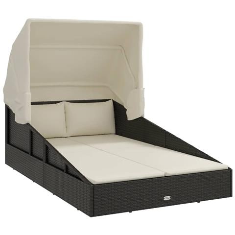 Lettino con Tettuccio Pieghevole Nero 200x114x128 cm Polyrattan - Foto 1