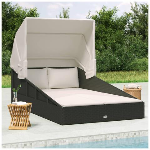 Lettino con Tettuccio Pieghevole Nero 200x114x128 cm Polyrattan - Foto 2