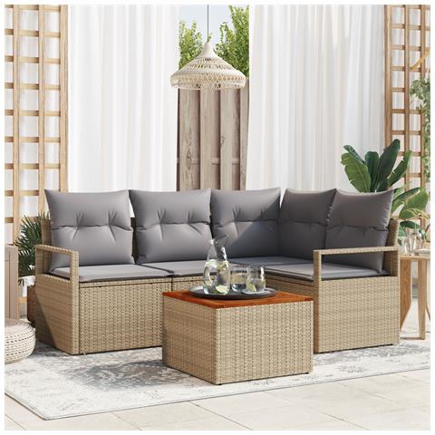 Set di Divani da Giardino 5 Pezzi con Cuscini Beige Rattan Acacia, Divano da Giardino a 2 Posti con Cuscini Beige Rattan - Foto 2