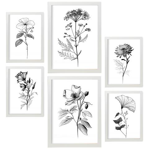 Set Di 6 Stampe Fiori In Fiore, Stampe Naturalistiche E Botaniche Con Motivi Floreali Nel Classico Design D'interni In Bianco E Nero A3 & A4 Cornice Bianca - Foto 1